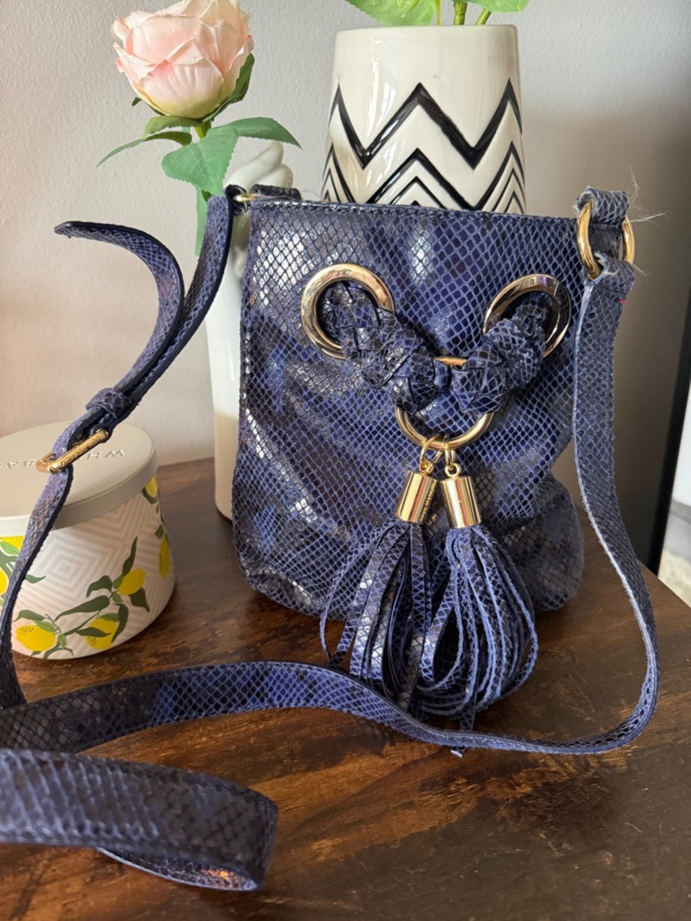 Michael Kors- Navy Blue Faux Snakeskin Drawstring Crossbody Bag